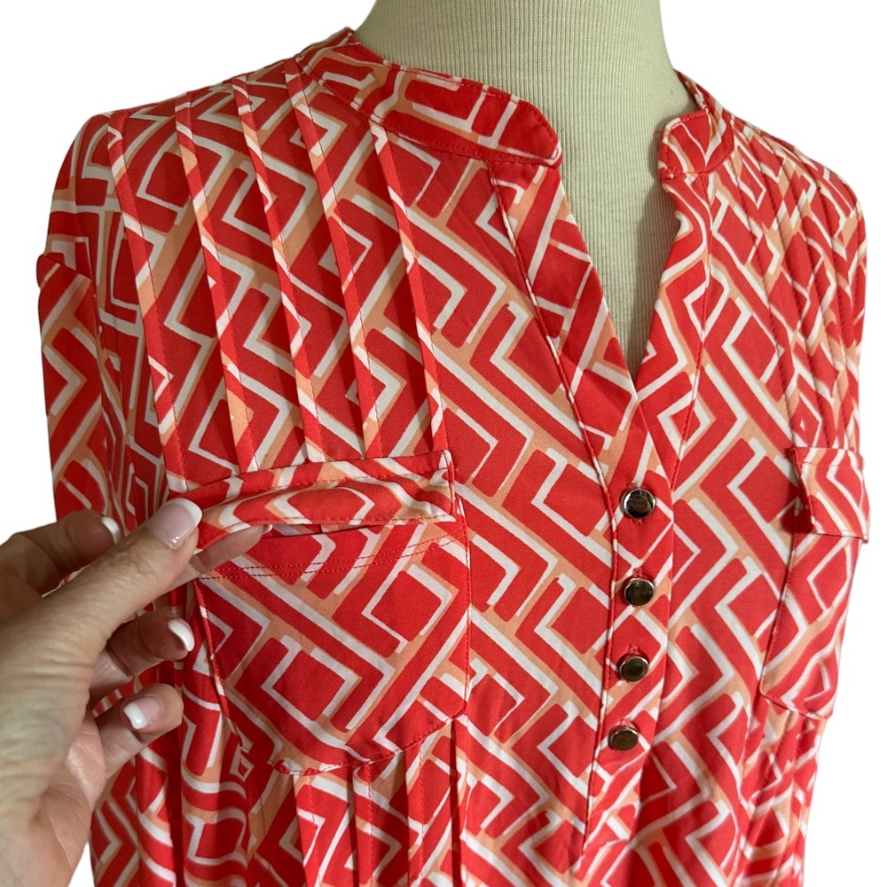 COCOMO XL Coral orange white 3/4 sleeve women’s Pintuck Blouse top shirt - Picture 6 of 15